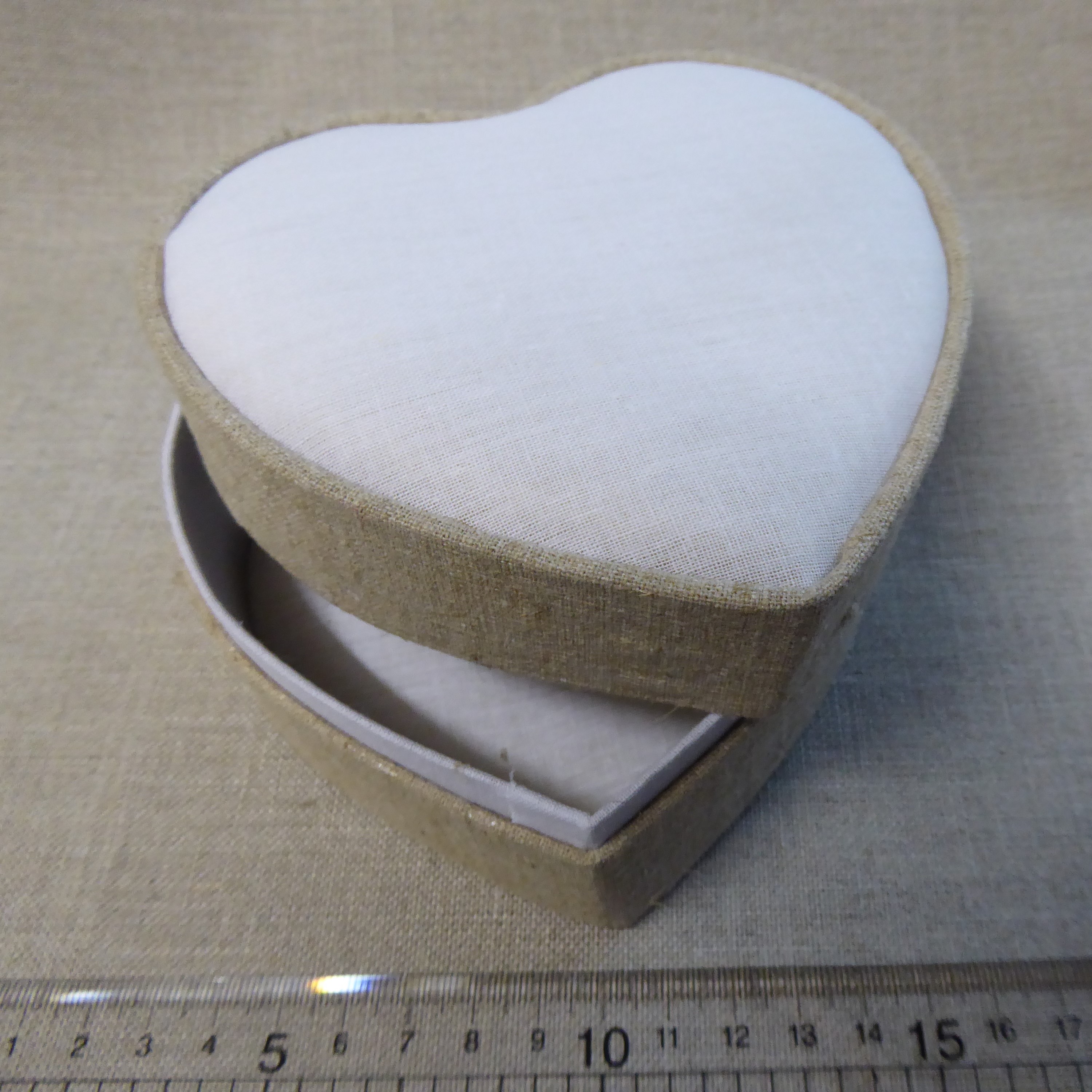large linen Heart covered box with heart shaped aperture