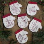 Rachels of Greenfield Redwork Mittens  6 Christmas ornaments